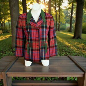 Vintage 70s Red Plaid Twee Blazer Jacket Velvet Collar Wool Blend As Found